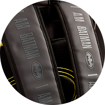 Close up view of Loungefly DC Comics COLLECTIV Batman&trade; 85th Anniversary The TRAVELR Full-Size Backpack subtle fandom pocket detail